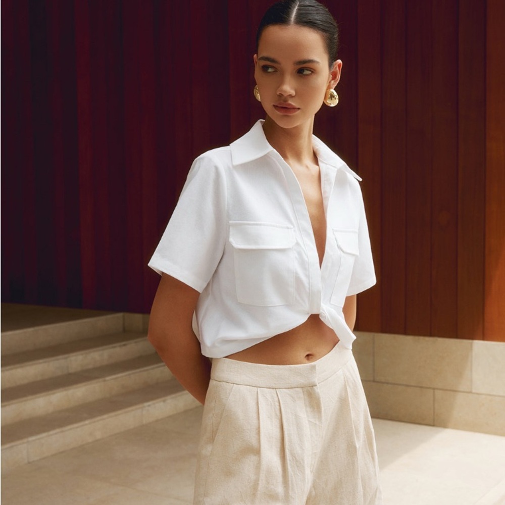 Commense White Linen Crop Top